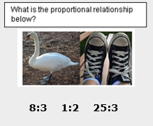 What is the proportional relationship below? Image of 1 duck and pair of 2 feet with options for answers as 8:3, 1:2, and 25:3.