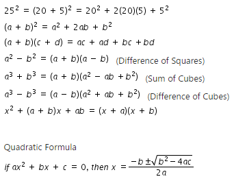 List of multiple formulas, for example difference of squares, sum and difference of cubes, and quadratic formula.