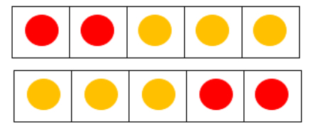 five frames and two-color counters to represent addition fact families that represent the commutative property