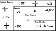 Types of numbers that make up the rational number system which includes Integers, Whole Numbers, Natural Numbers.