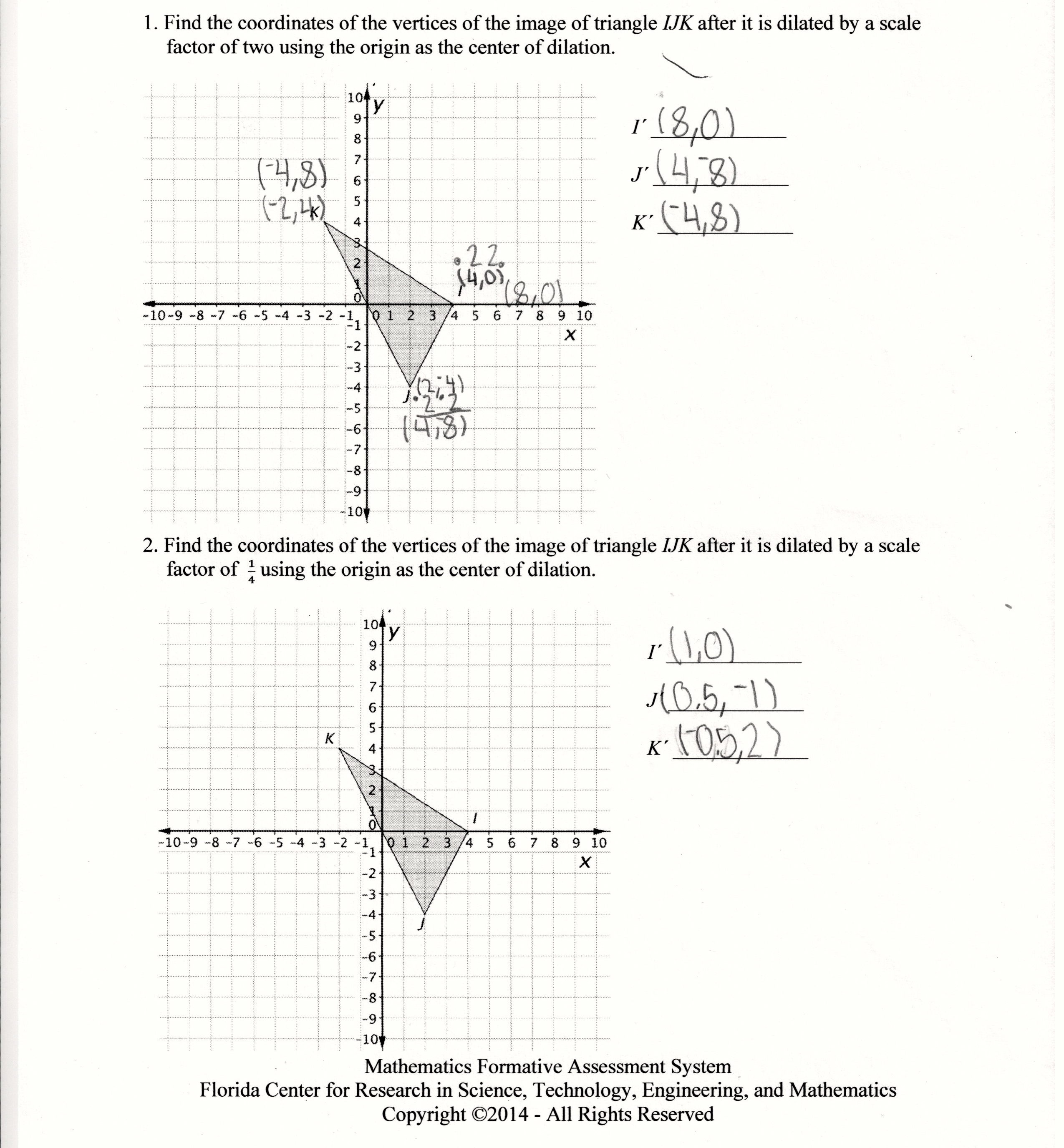 Dilation Coordinates Students are asked to dilate two-dimensional Throughout Dilations Translations Worksheet Answers