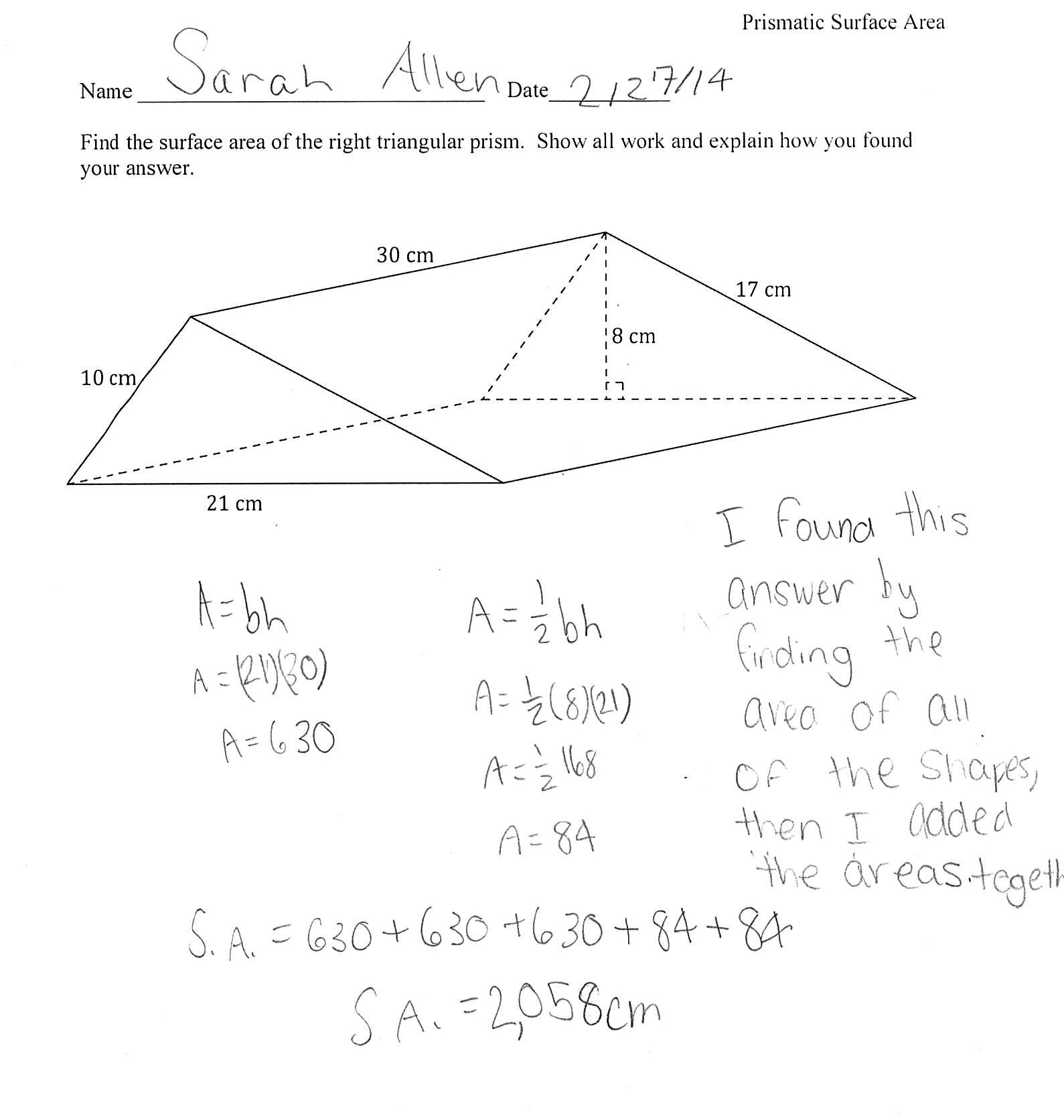 surface area of a triangular prism with 3 numbers