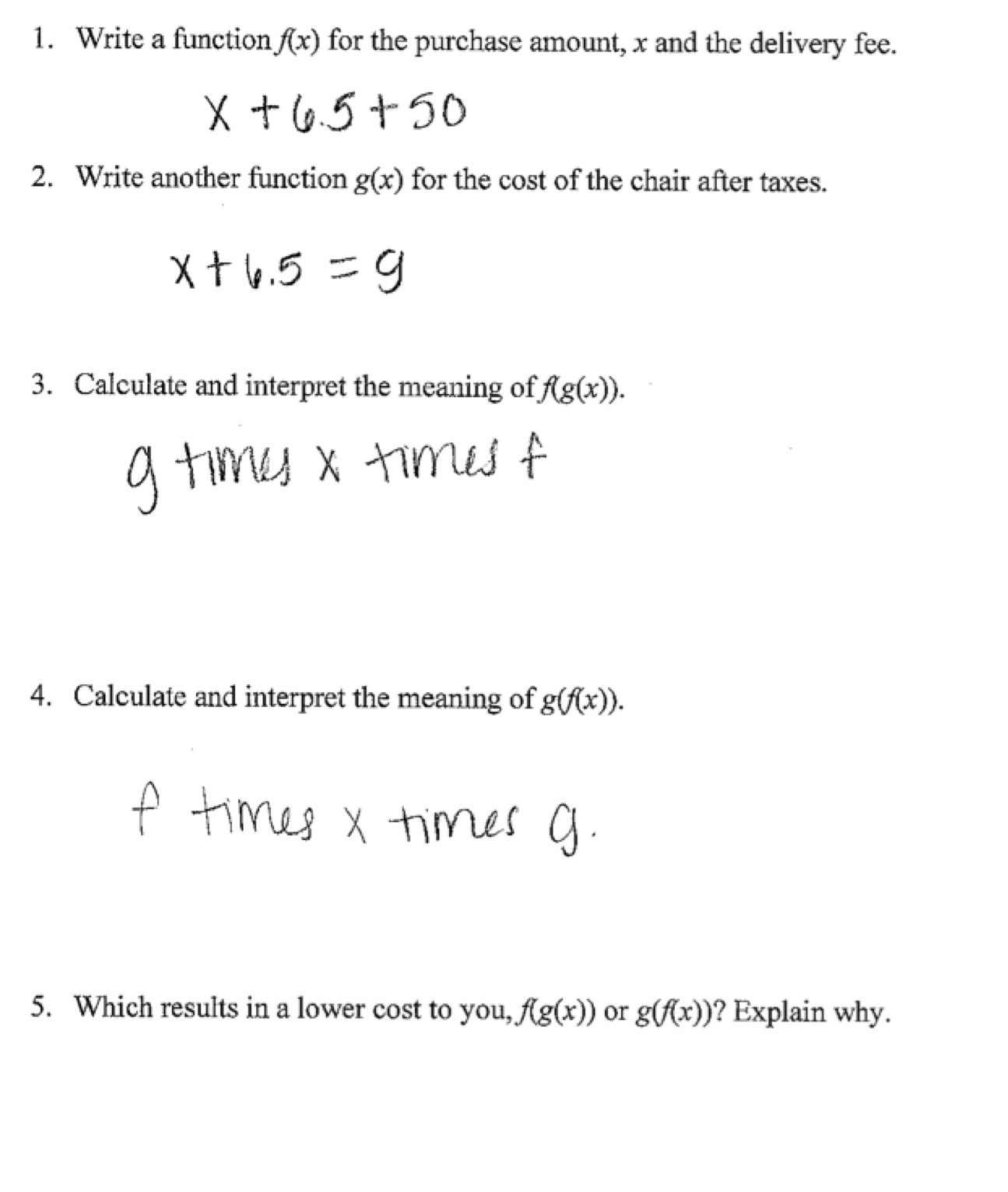 Furniture Purchase Students Are Asked To Write Two Explicit Functions Given Verbal Descriptions In A