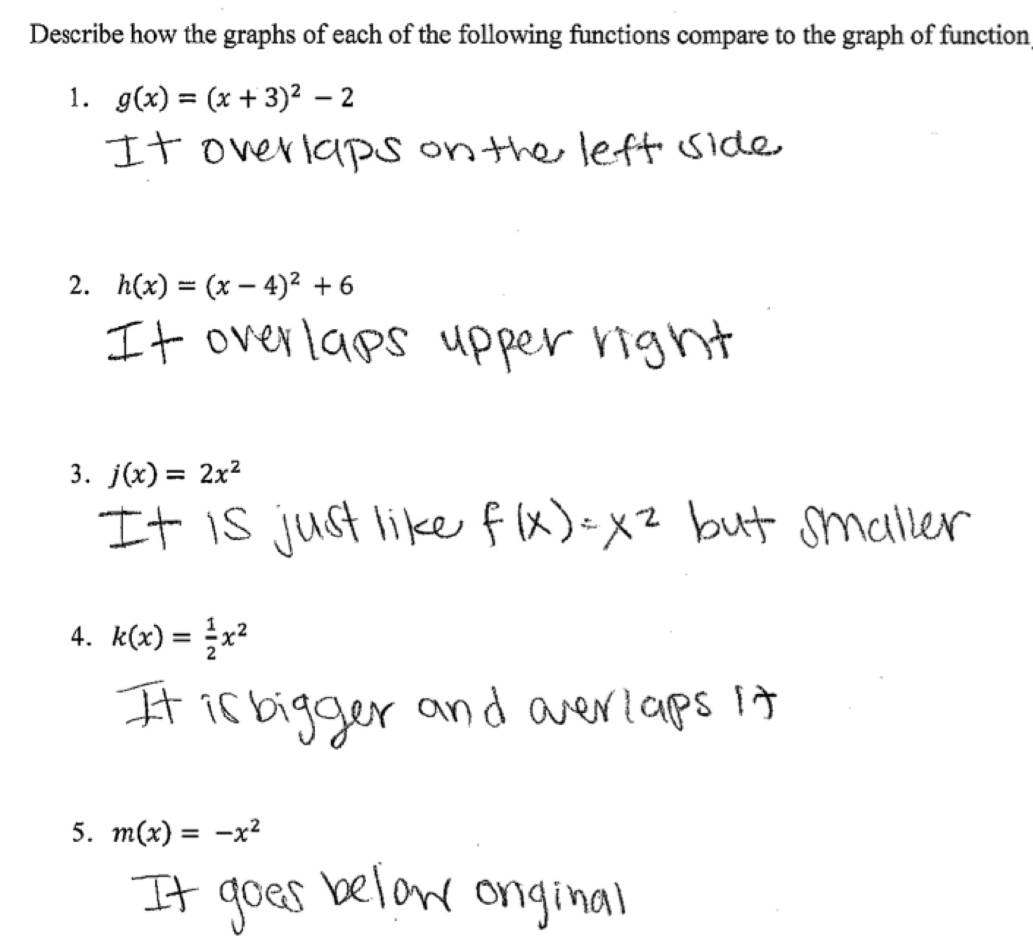 Comparing Functions Quadratic Students Are Given The Graph Of F X X2 And Are Asked To Compare T