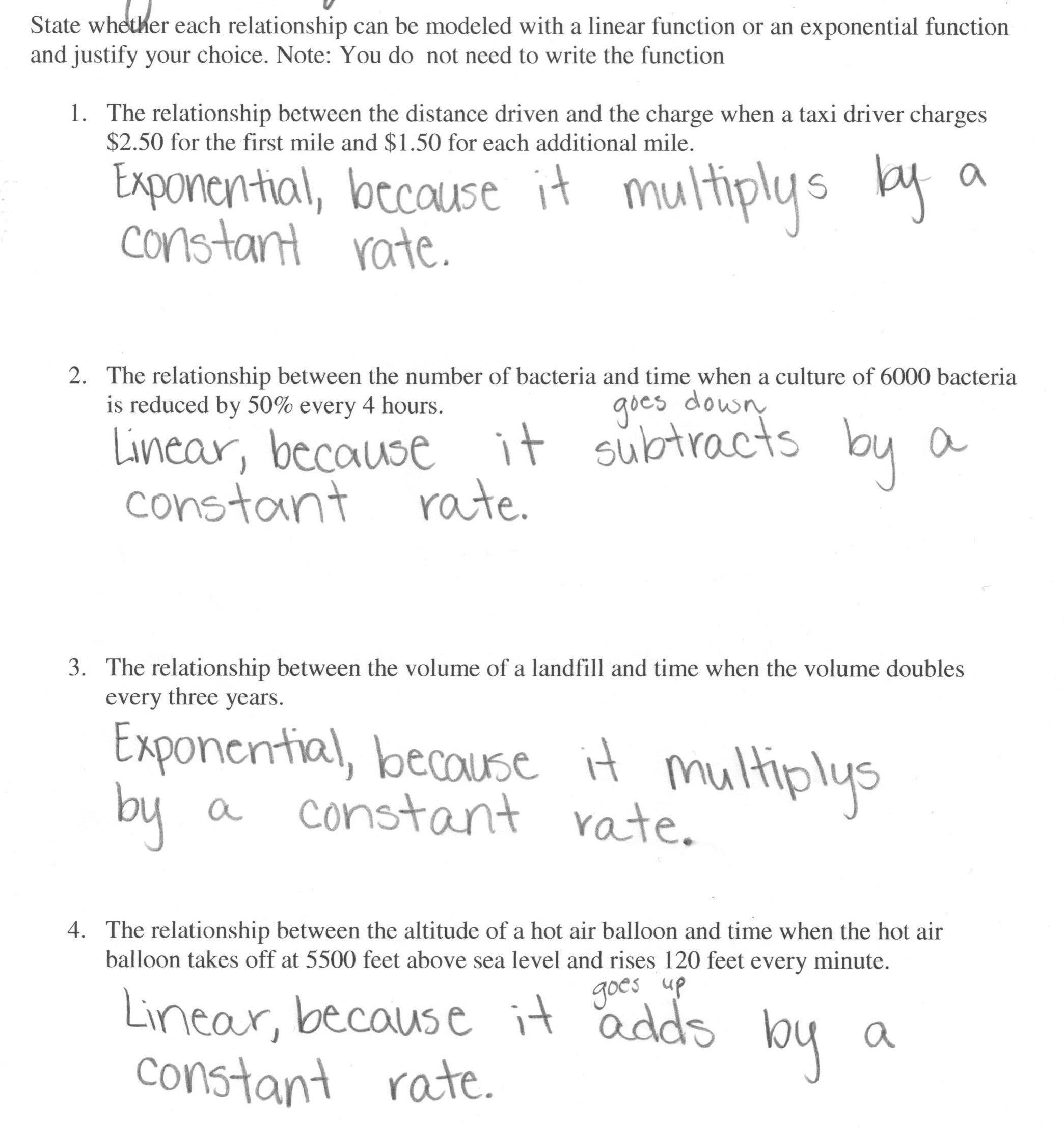 Linear or Exponential? Students are given four verbal descriptions Pertaining To Exponential Function Word Problems Worksheet