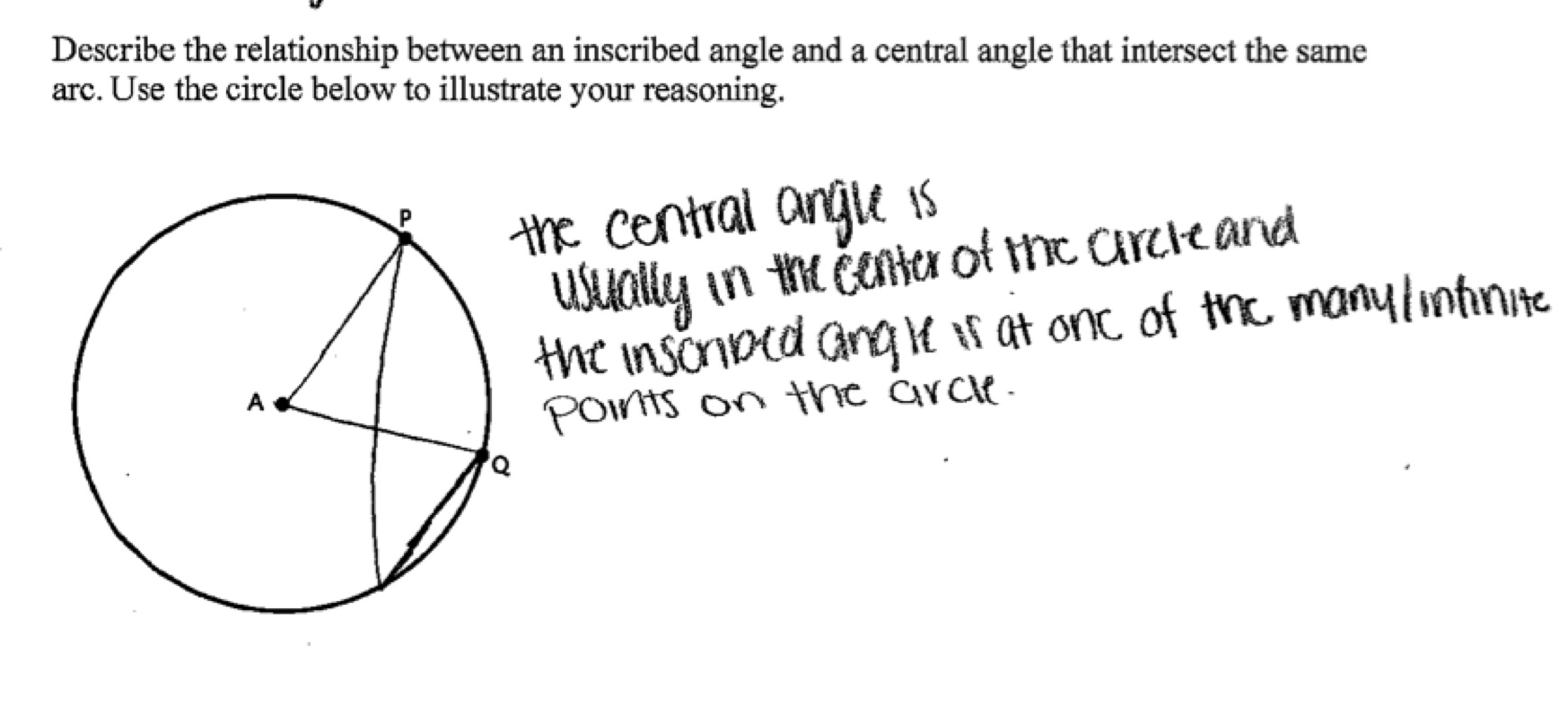 Central and Inscribed Angles Students are asked to describe the In Central And Inscribed Angle Worksheet