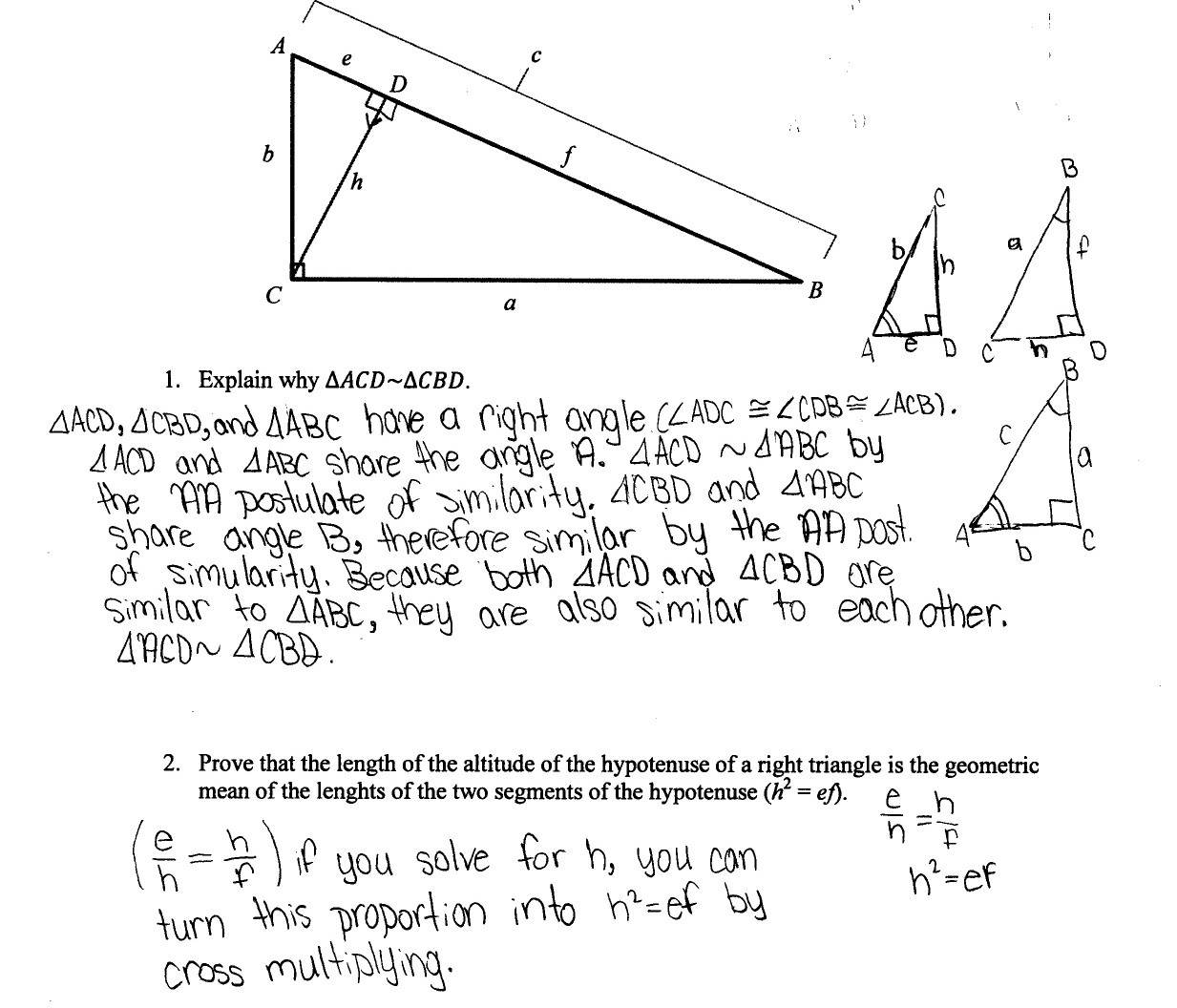 Geometric Mean Proof Students Are Asked To Prove That The Length Of The Altitude To The Hypotenuse O